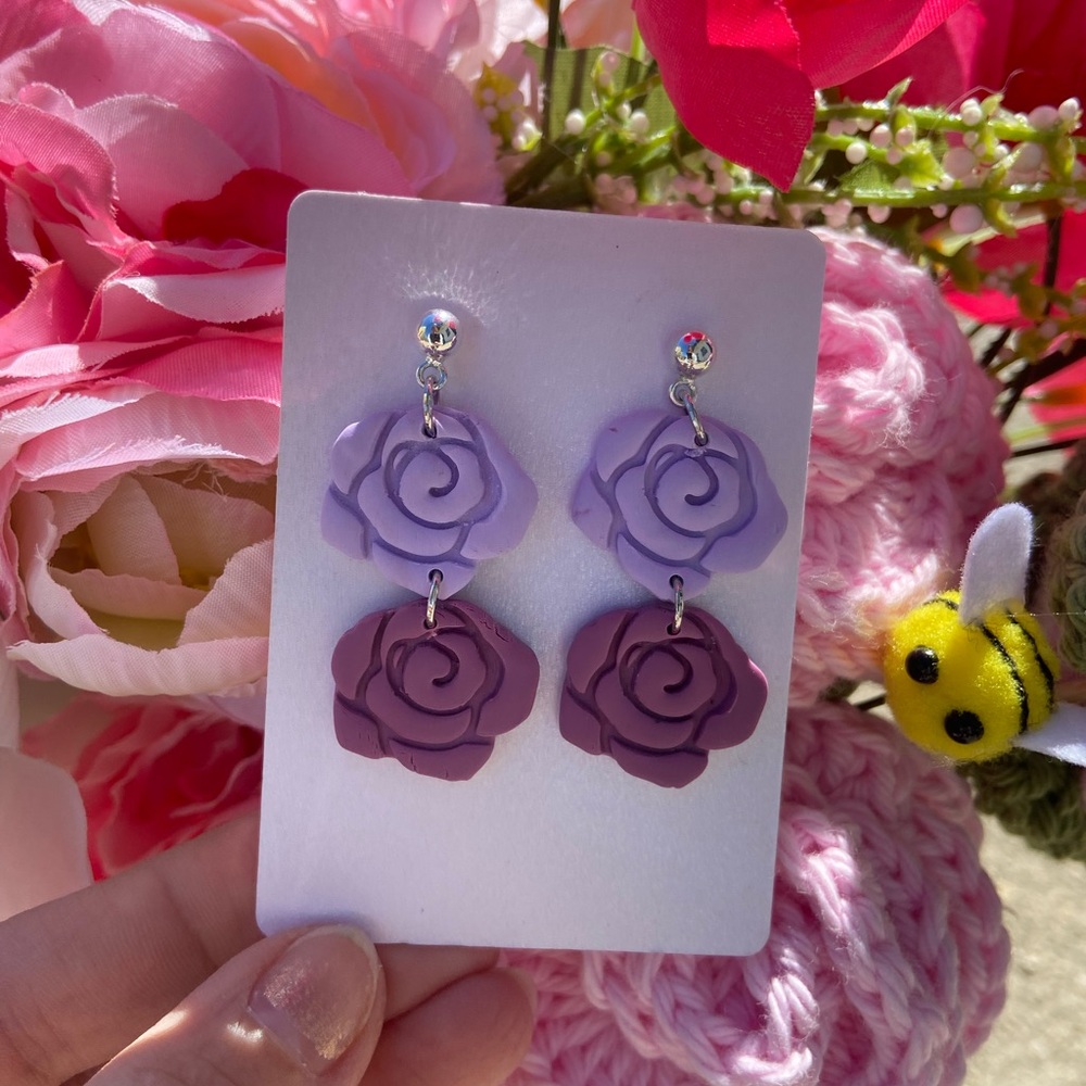 Purple Rose Drop Earrings Polymer Clay New
